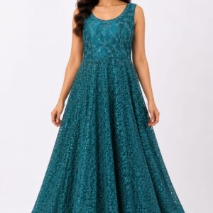 Teal Green Sequin Embroidered Gown