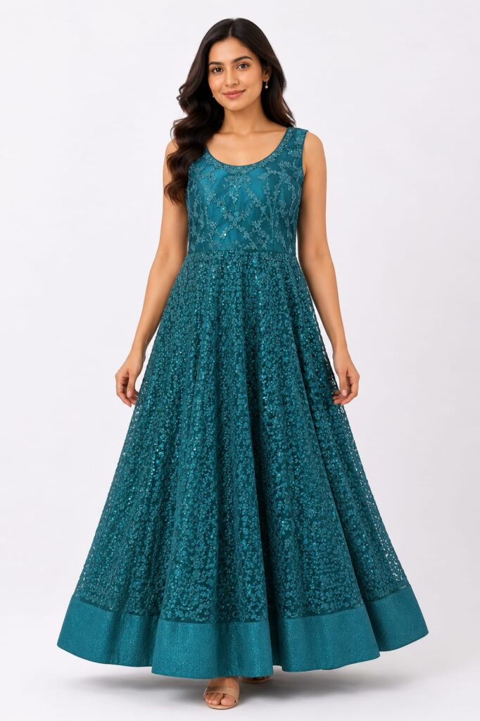 Teal Green Sequin Embroidered Gown