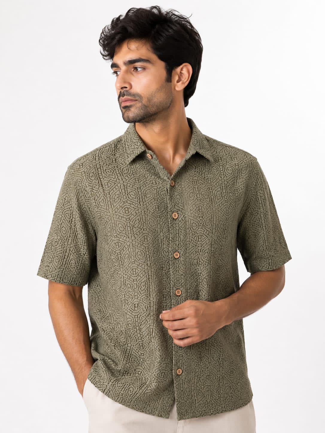 Men's Textured Jacquard Half Sleeve Shirt - Image 3
