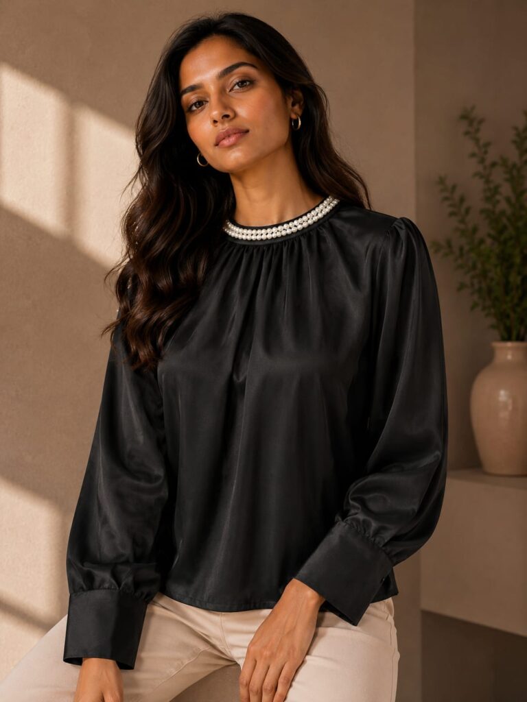 Pearl Neck Puff Sleeve Top
