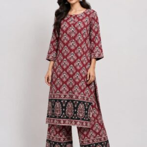 Maroon Floral Block Print Kurta Palazzo Set