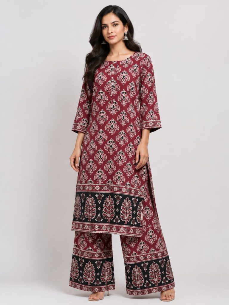 Maroon Floral Block Print Kurta Palazzo Set