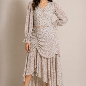 V-Neck Coord Set with Drape Midi Skirt