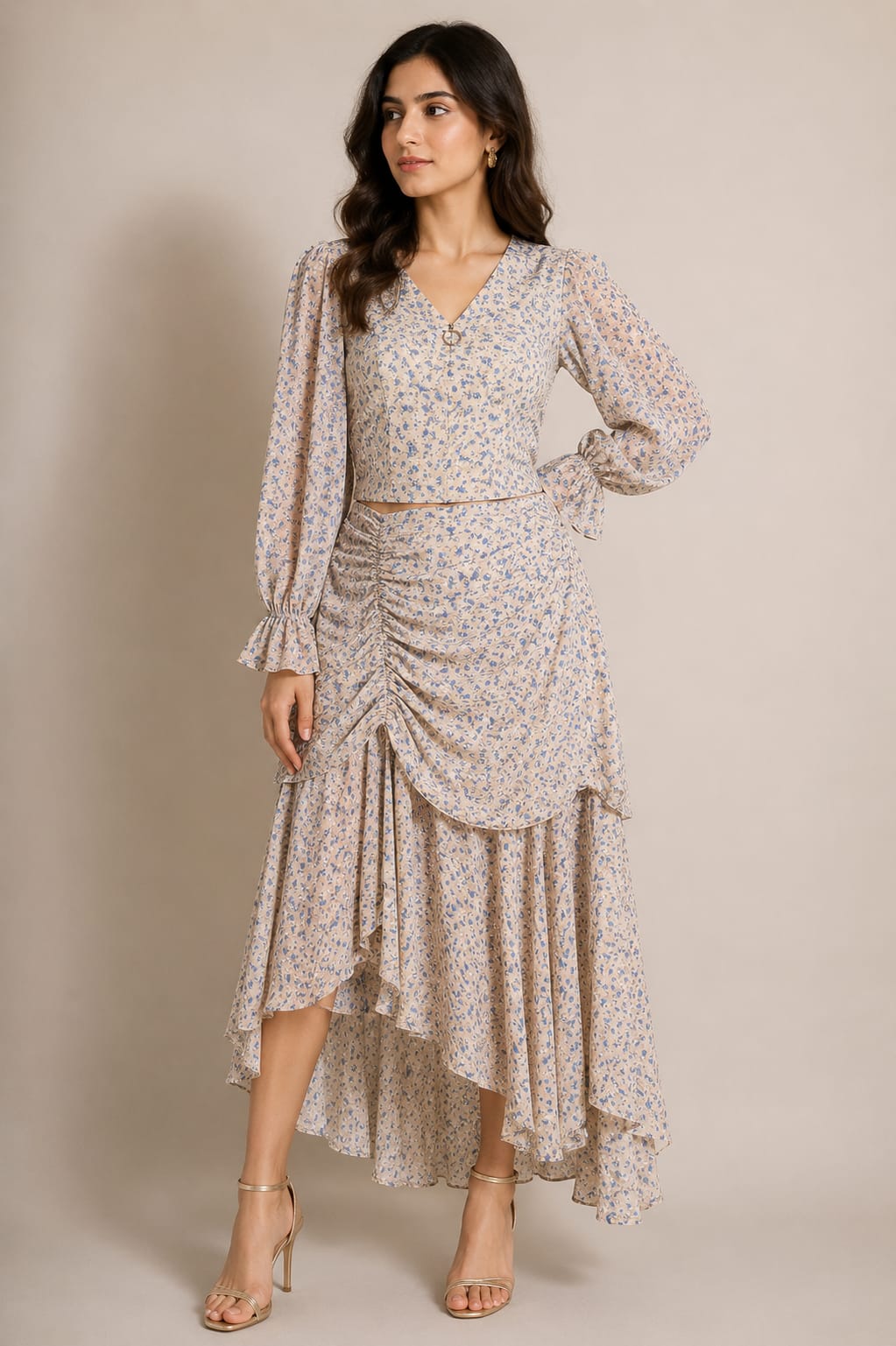 V-Neck Coord Set with Drape Midi Skirt