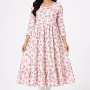Off White Blush Pink Floral A-Line Kurta