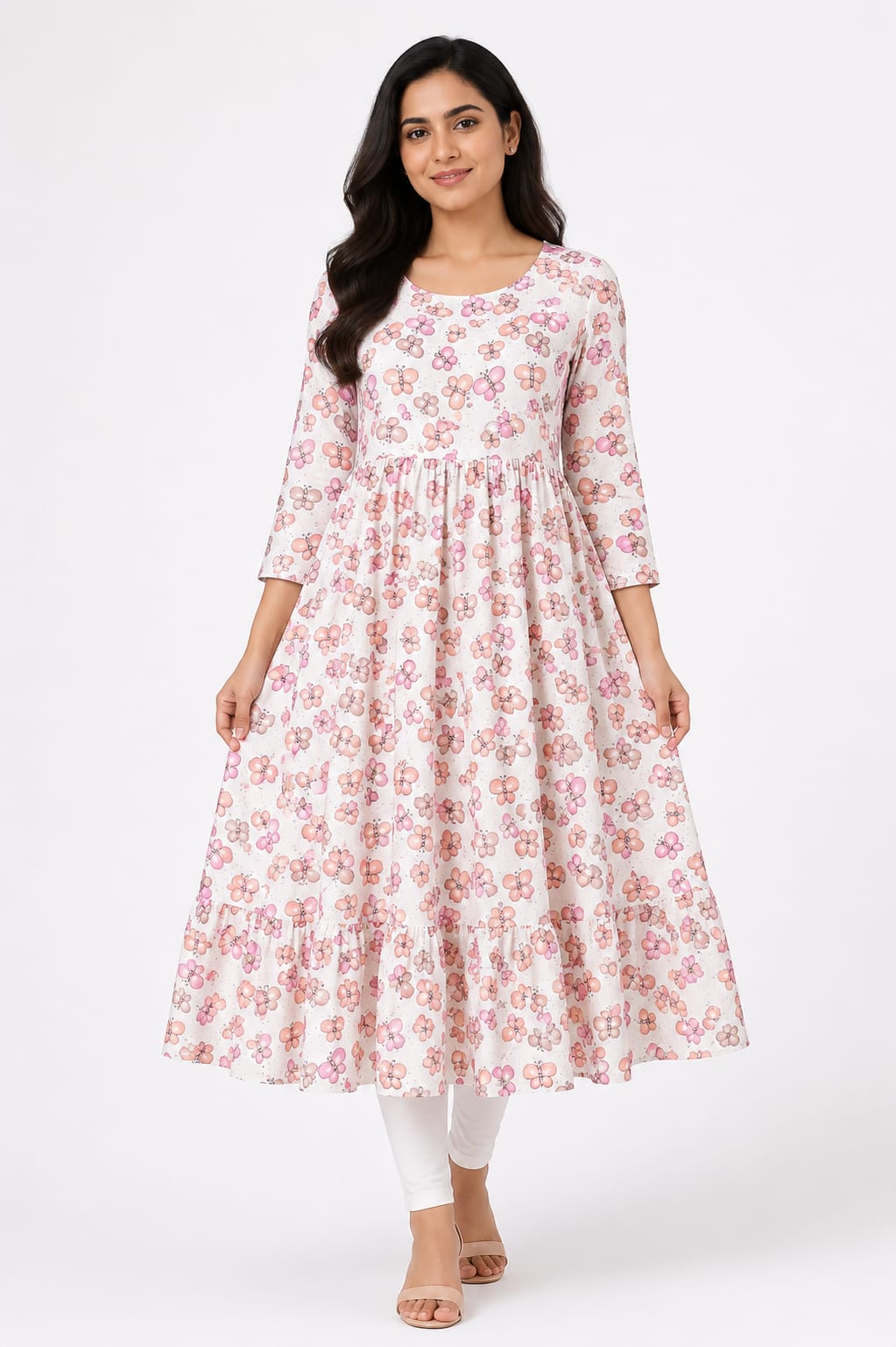 Off White Blush Pink Floral A-Line Kurta