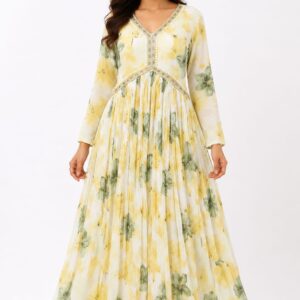 Lemon Yellow Floral Anarkali Gown