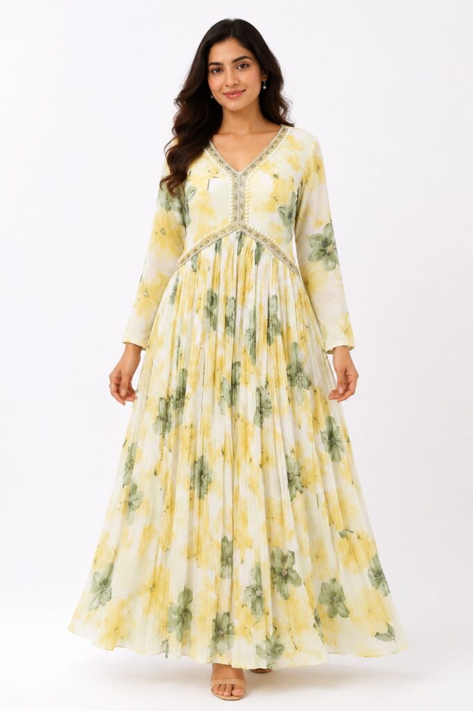 Lemon Yellow Floral Anarkali Gown