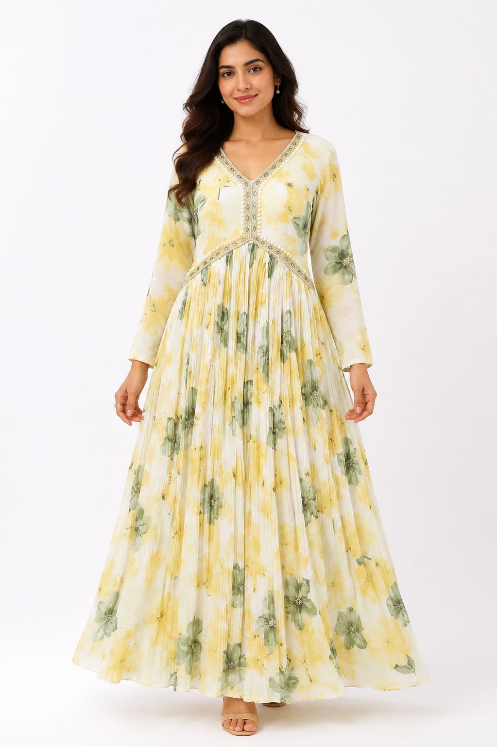 Lemon Yellow Floral Anarkali Gown