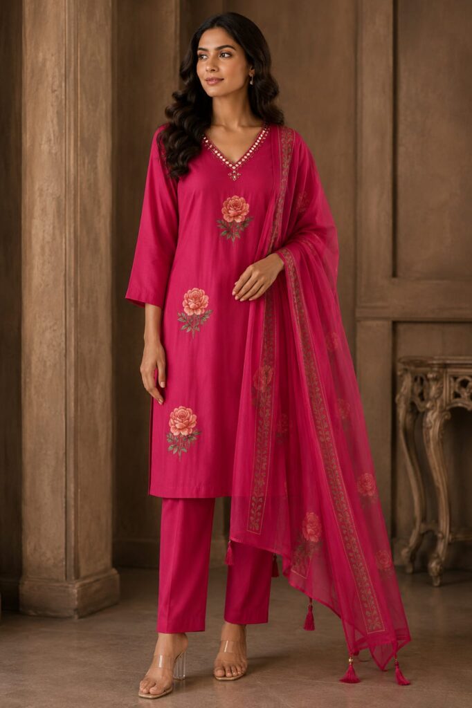 Rani Pink Floral Silk Blend Suit Set
