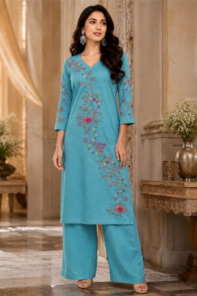 Aqua Blue Embroidered Co-Ord Set