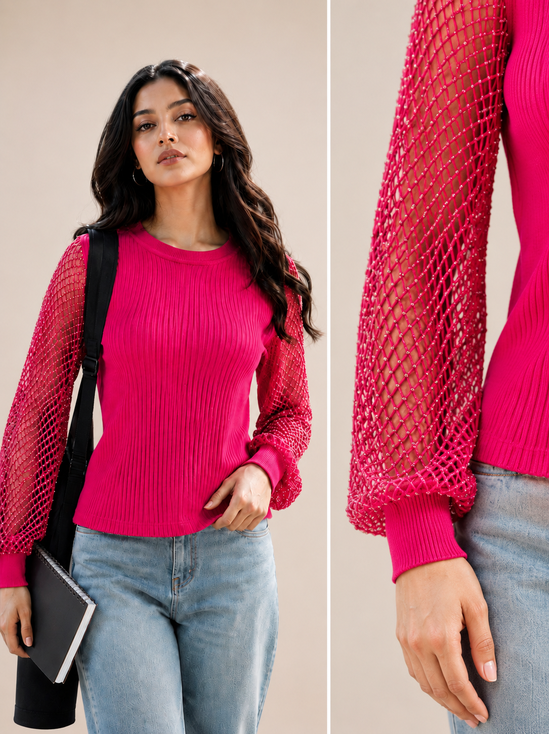 Ribbed Net Sleeve Top