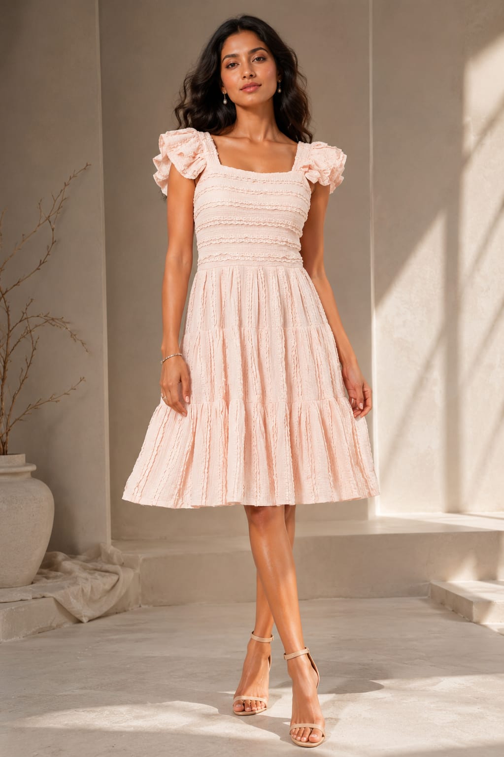 Pastel Peach Pink Fit and Flare Dress
