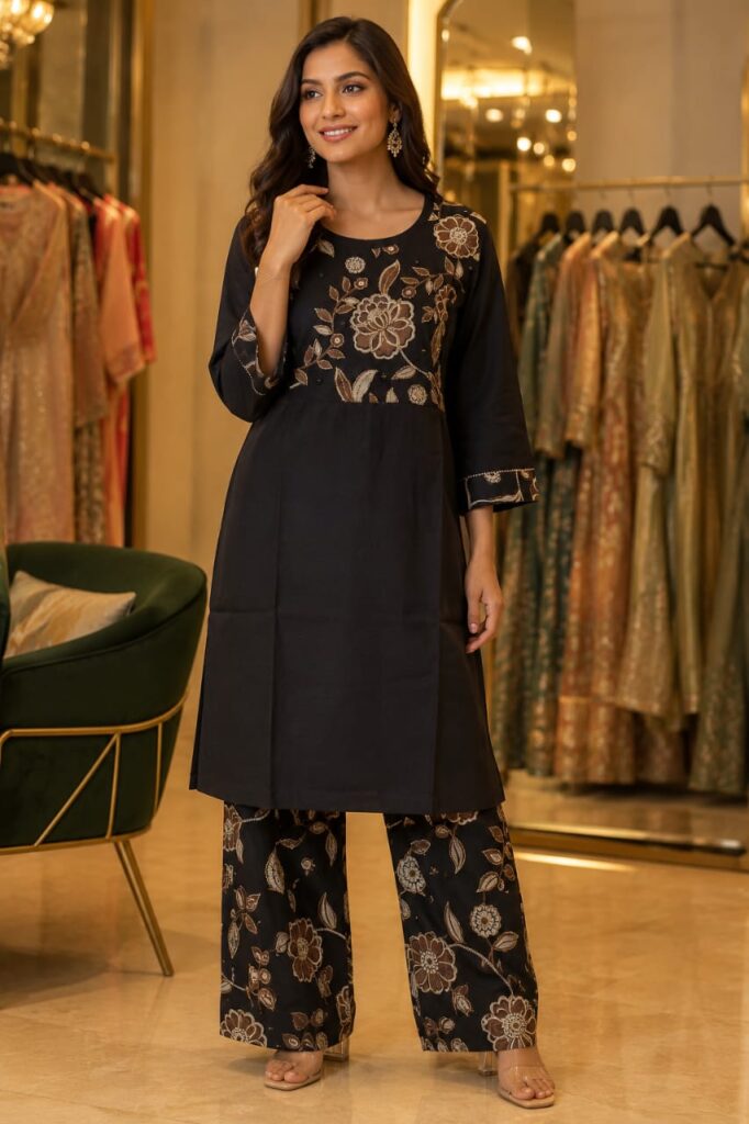 Black Floral Embroidered Co-ord Set