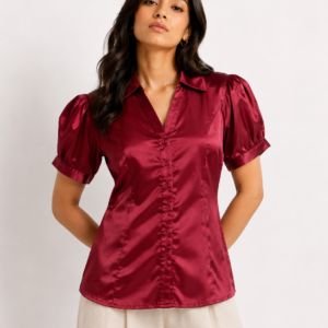 Fitted Puff Sleeve Satin Shirt
