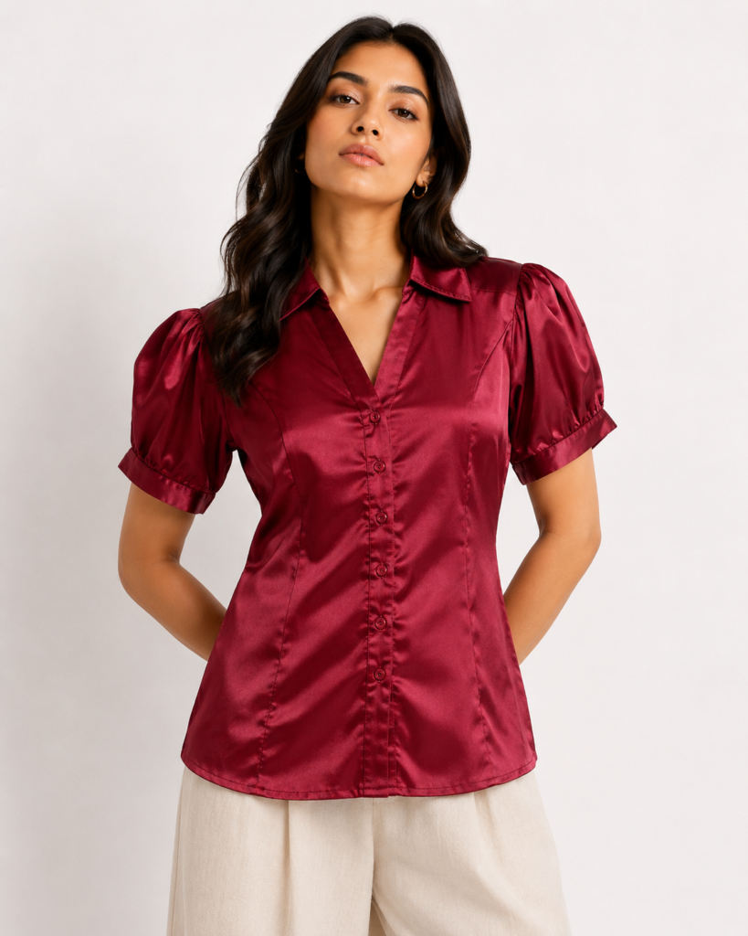 Fitted Puff Sleeve Satin Shirt