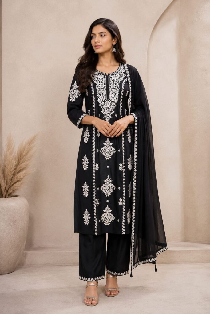 Black Embroidered Silk Blend Co-ord Set
