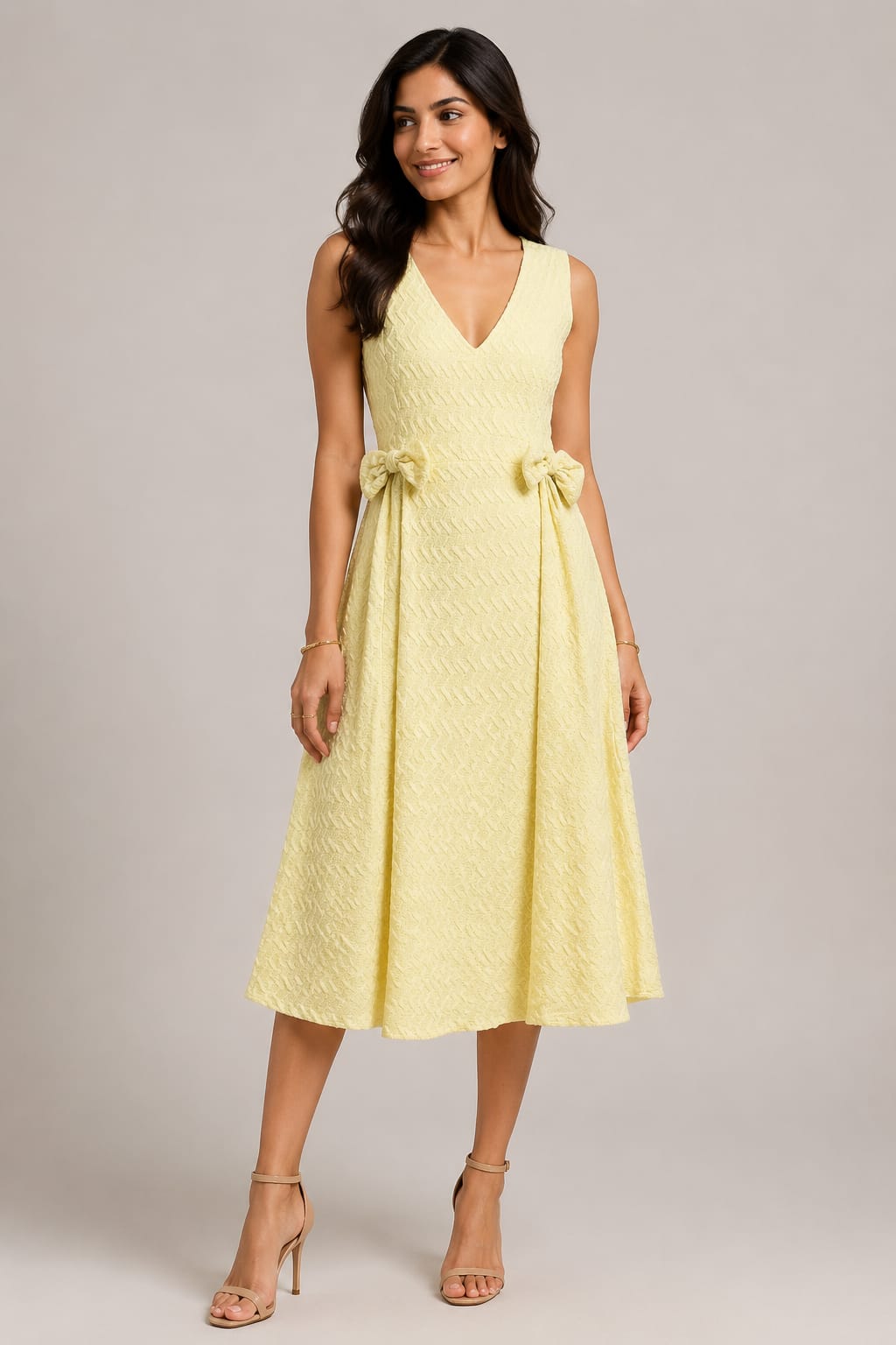 Pastel Yellow V-Neck Midi Dress