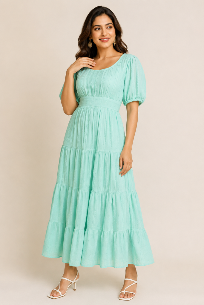 Mint Green Puff Sleeve Midi Dress