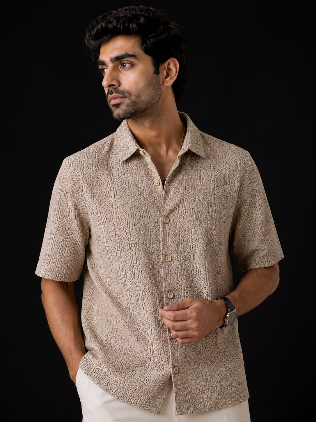 Men's Textured Jacquard Half Sleeve Shirt