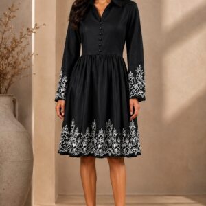Black Embroidered Fit and Flare Shirt Dress