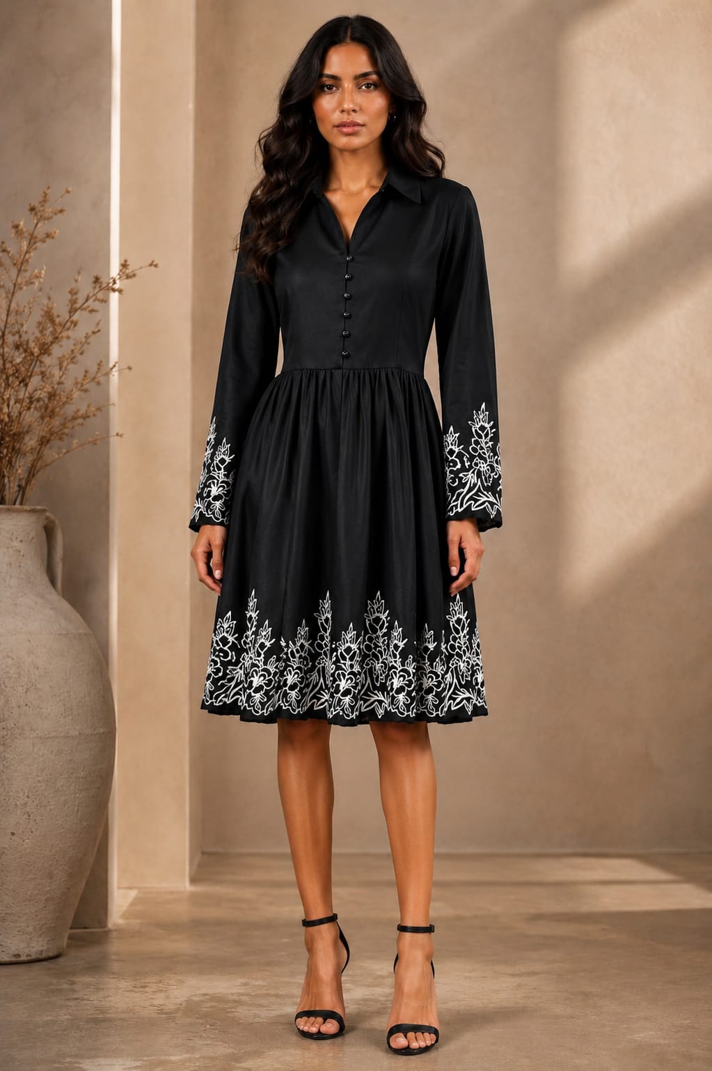 Black Embroidered Fit and Flare Shirt Dress