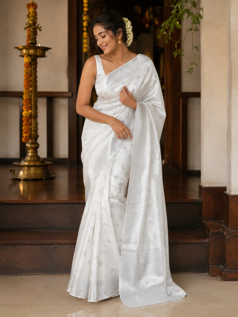 White Jacquard Silk Saree