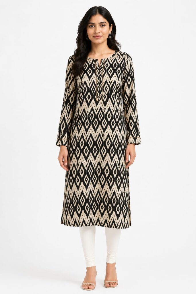 Black & Beige Ikat Straight Kurta
