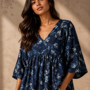 Navy Blue Floral Peplum Top