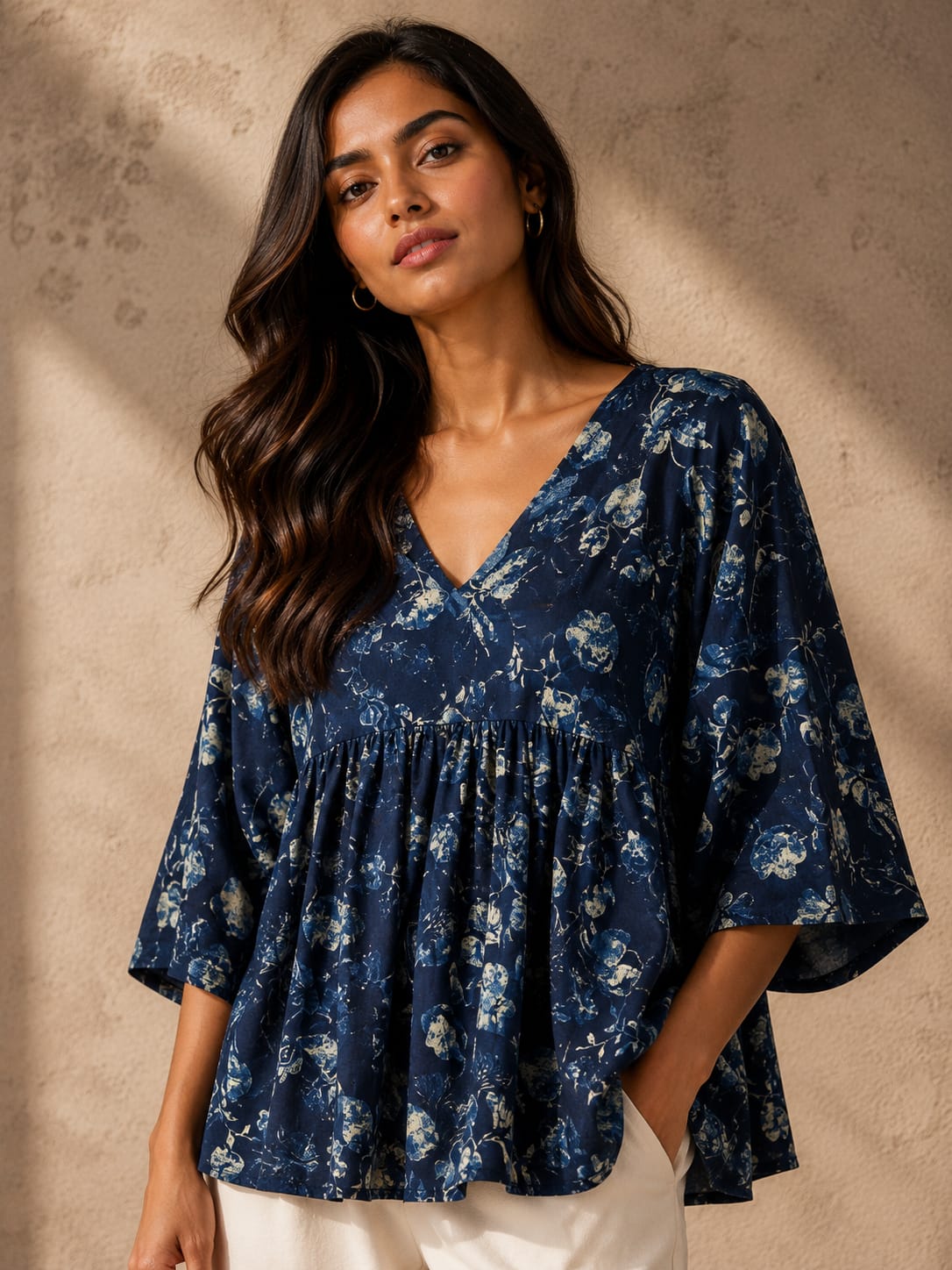 Navy Blue Floral Peplum Top