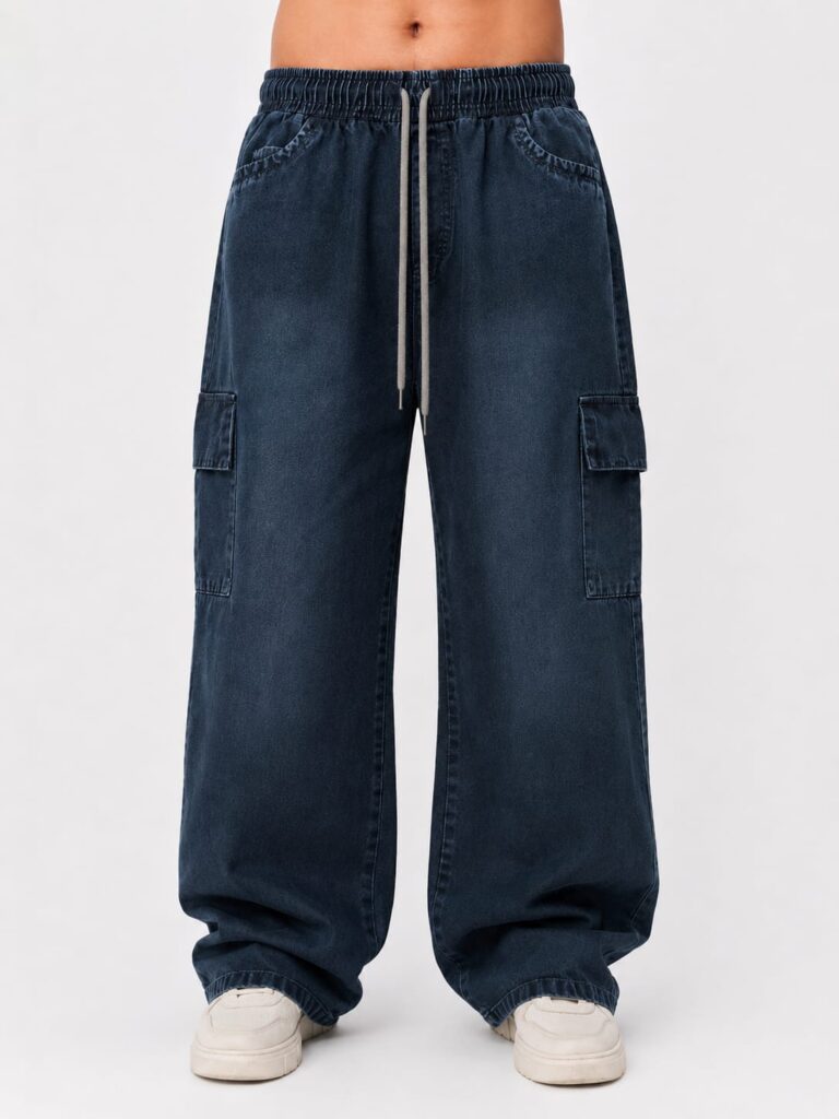 Navy Blue Denim Cargo Joggers