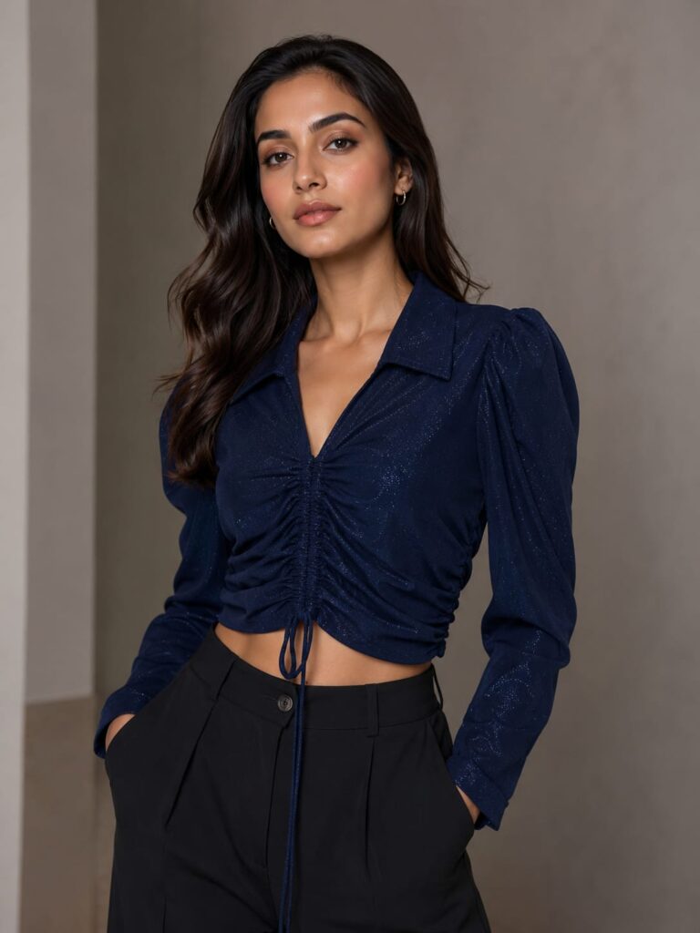 Navy Blue Ruched Crop Top