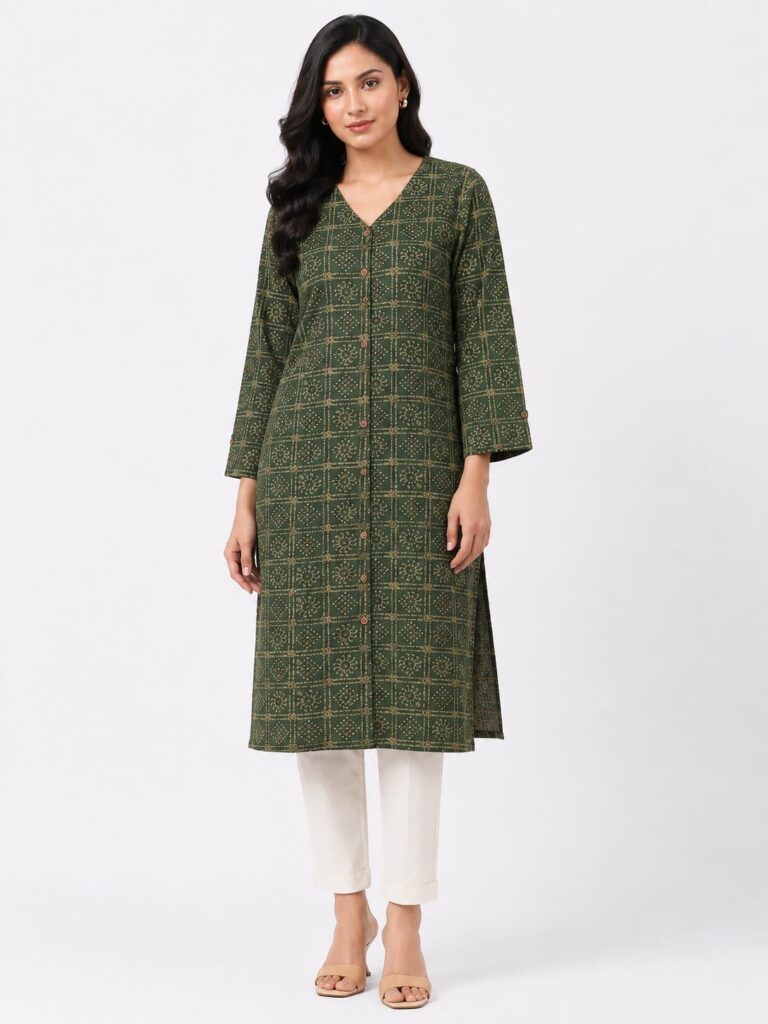 Olive Green Printed Straight Kurti