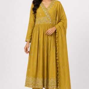 Mustard Cotton Slub Angarkha Kurta Set