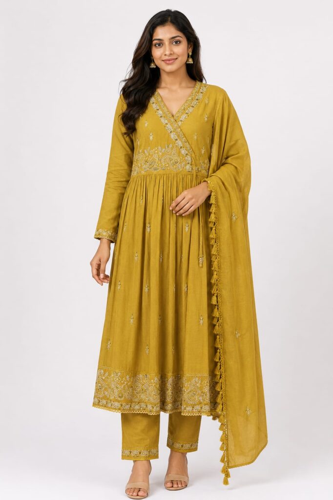 Mustard Cotton Slub Angarkha Kurta Set
