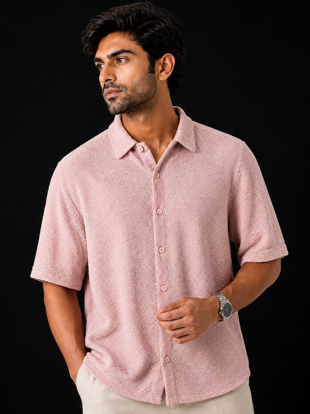 Men's Textured Jacquard Half Sleeve Shirt - Image 2