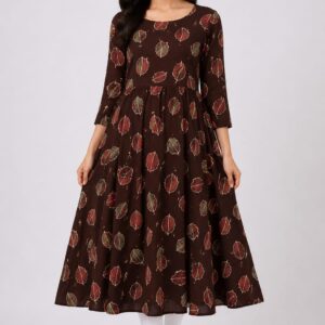 Coffee Brown Leaf Print Umbrella Kurti