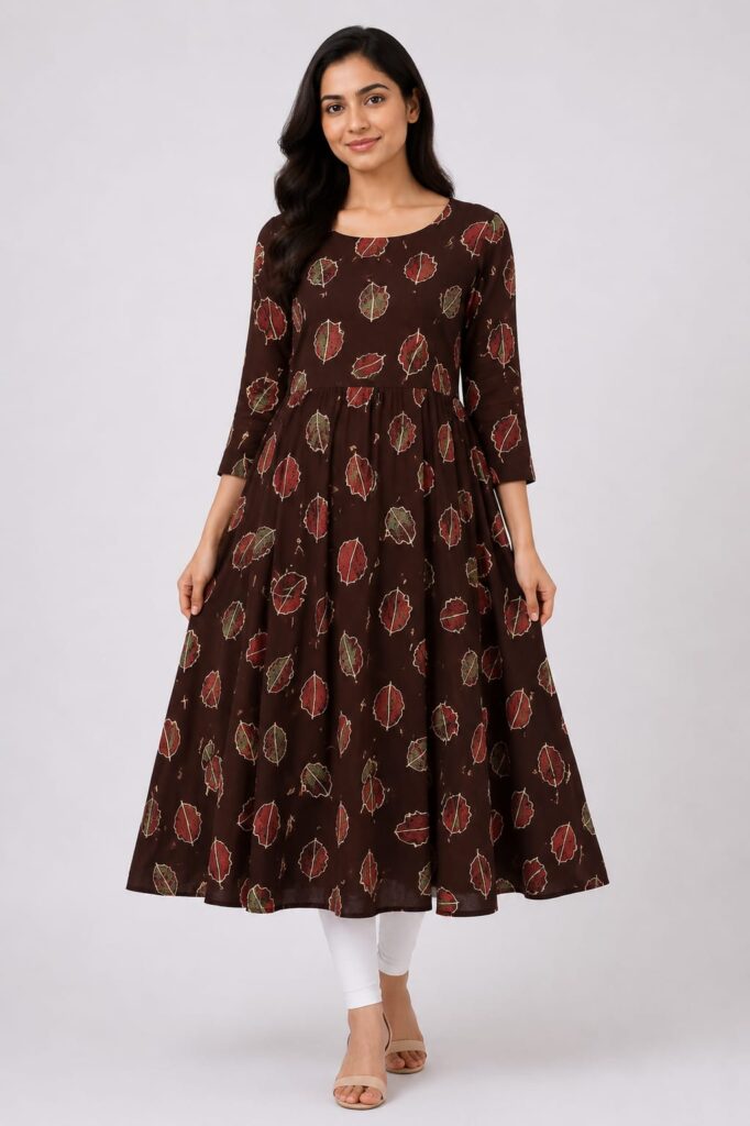 Coffee Brown Leaf Print Umbrella Kurti