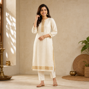 Borderland Kasavu Straight Kurti - Ivory Gold