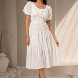 Puff Sleeve Tiered Midi Dress