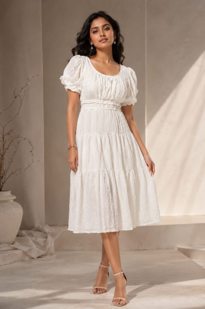 Puff Sleeve Tiered Midi Dress