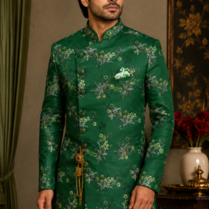Emerald Green Silk-Blend Indo-Western Sherwani