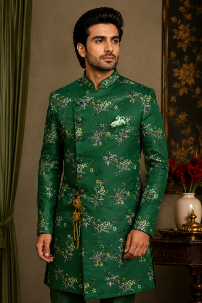 Emerald Green Silk-Blend Indo-Western Sherwani