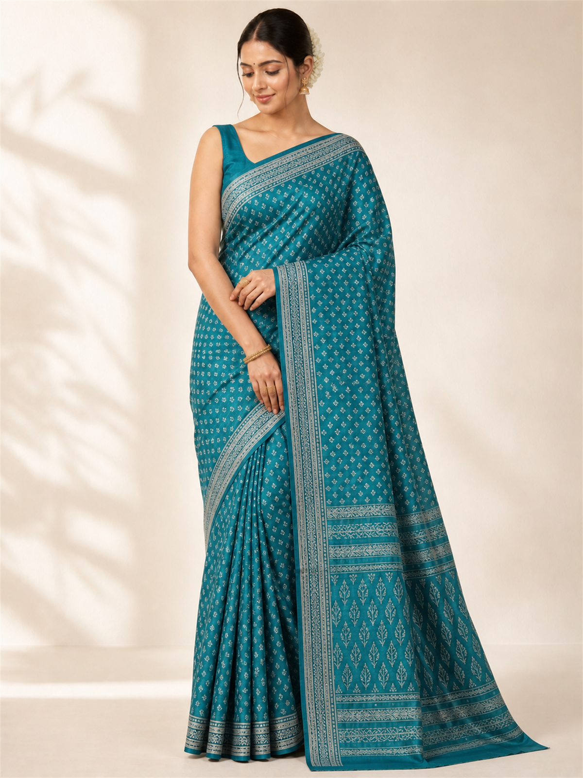 Teal Printed Cotton Saree