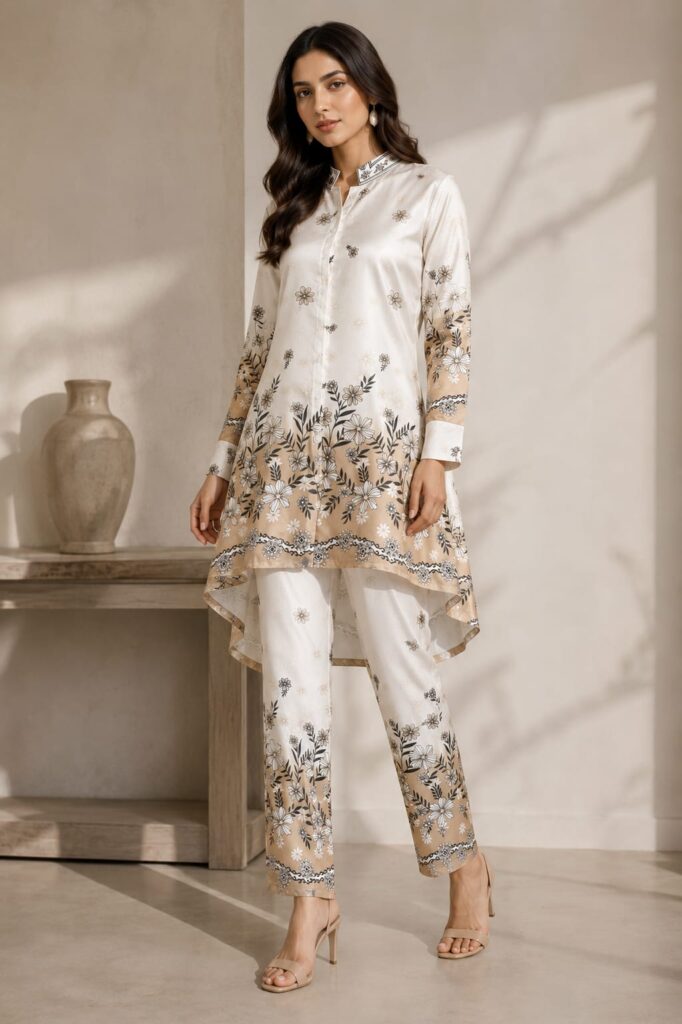 Ivory High Low Kurti Co-ord Set