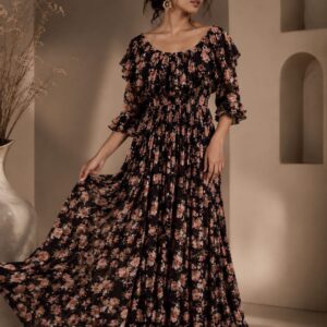 Boho Floral Pleated Maxi Gown