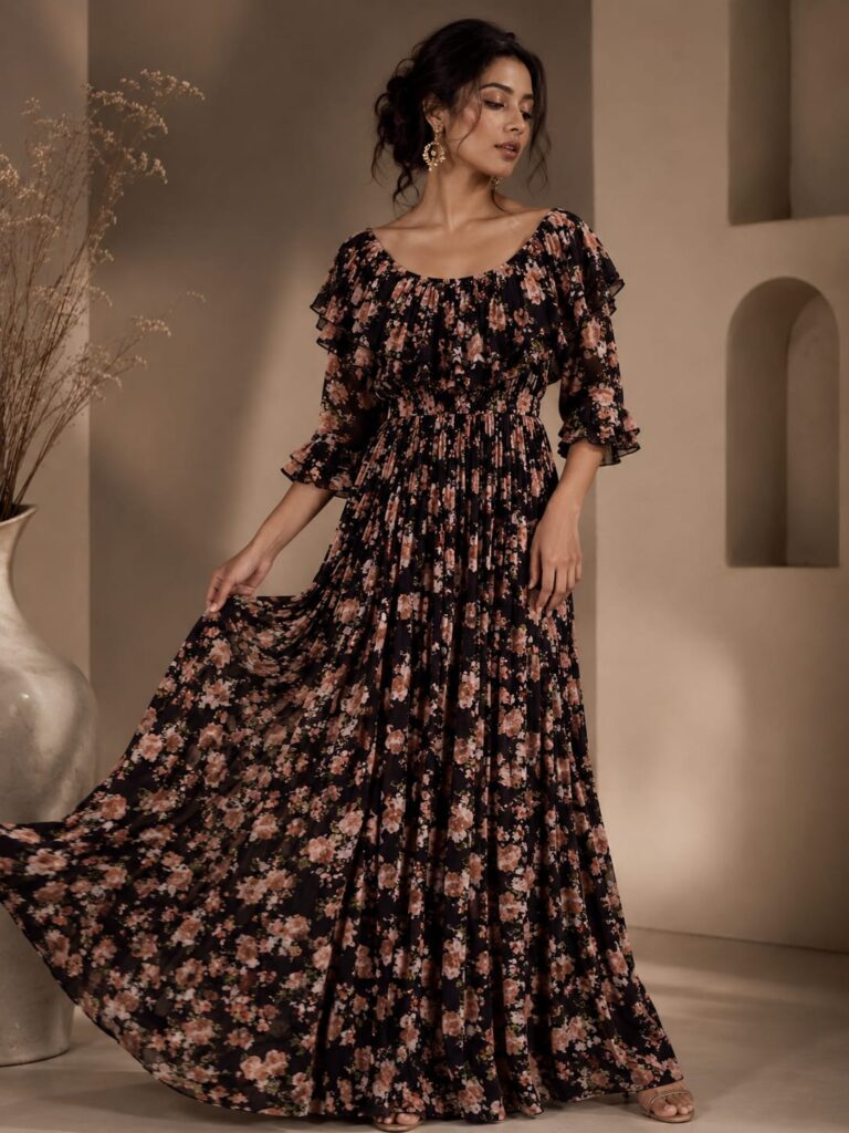 Boho Floral Pleated Maxi Gown