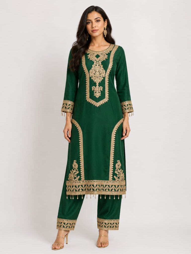 Emerald Green Silk Blend Kurti Pant Set