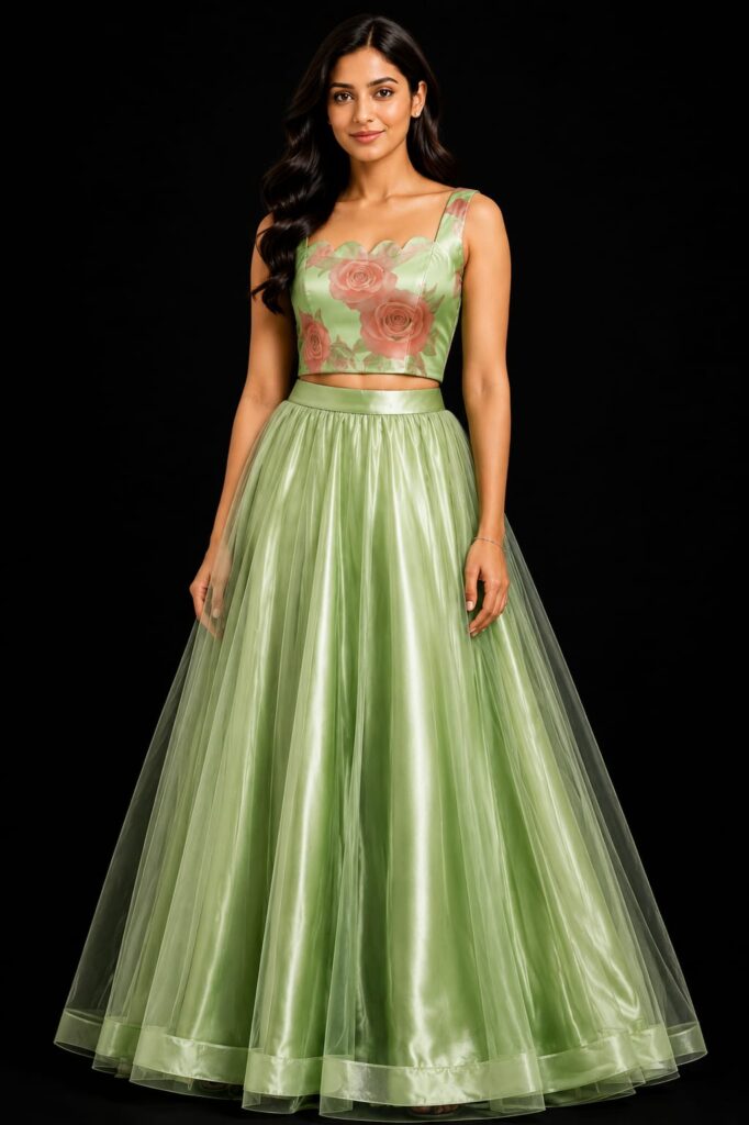 Floral Crop Top And Flared Skirt Set