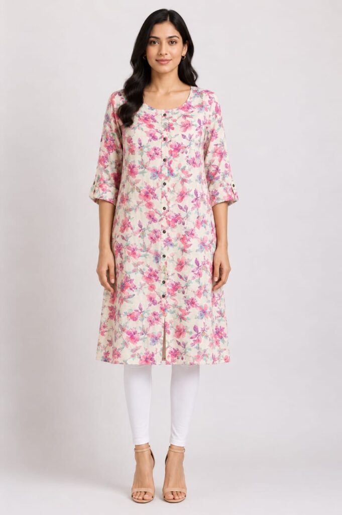 Floral Print A-Line Button-Down Kurta